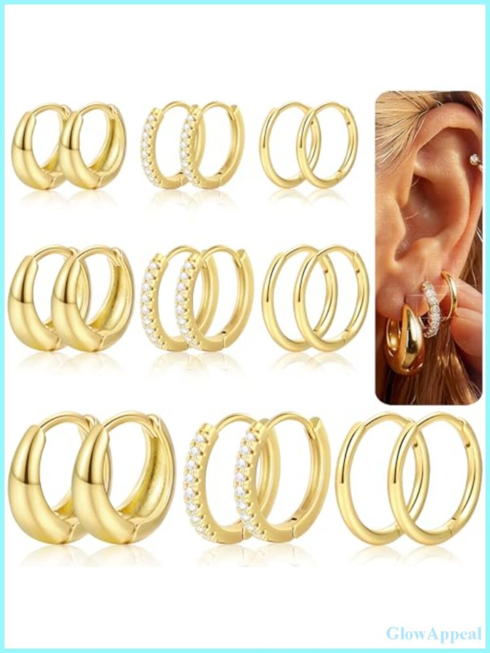 9 Pairs Gold Plated Huggie Hoop Earrings for Women Stackable Set 14K